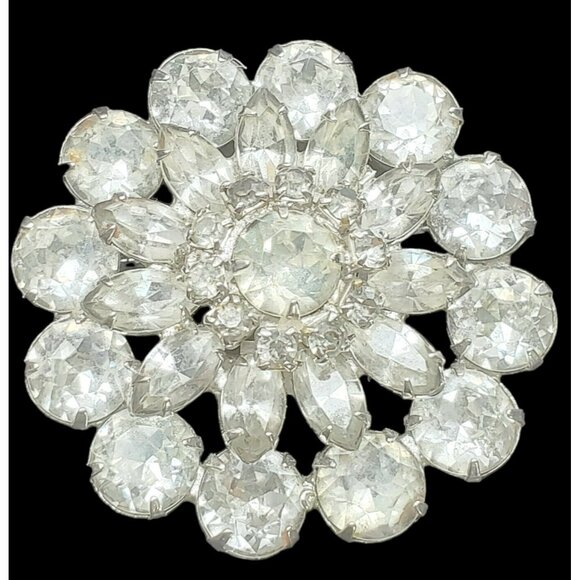 VTG WEISS Brooch Pin Clear Rhinestone Domed Layers Round Marquise Silver Tone - Picture 7 of 16